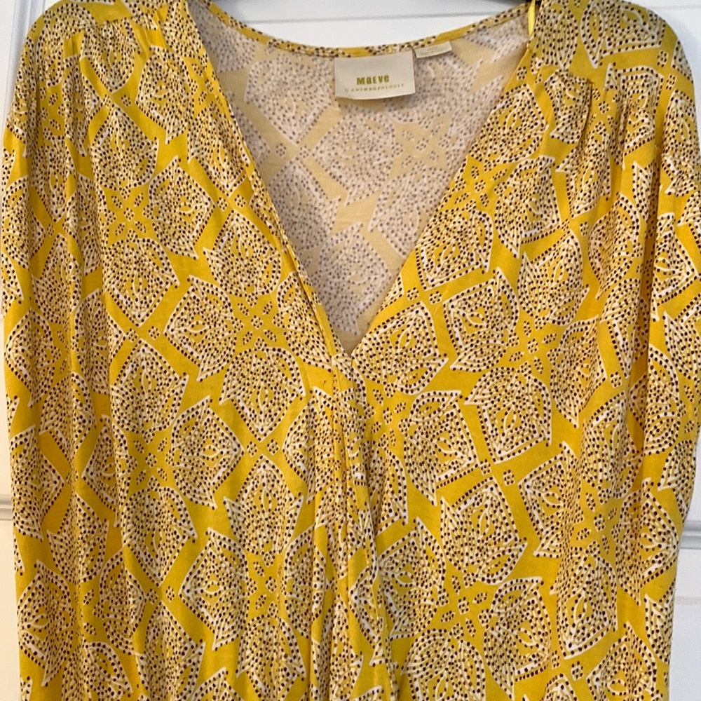 Maeve large dress yellow with dark purple/white pattern.